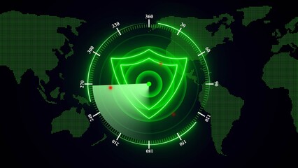 Green radar screen displaying a shield symbol over a dotted world map image