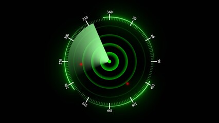 Green radar screen displaying concentric circles and a sweeping beam with red blips on a black background