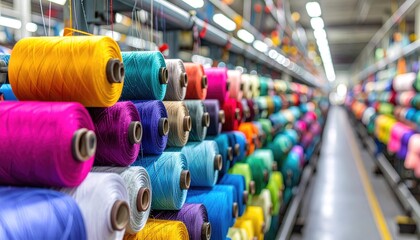 Vibrant Colorful Yarn Spools in a Textile Factory