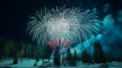 Spectacular winter night sky illuminated by a vibrant burst of white and blue fireworks over a snow covered forest landscape