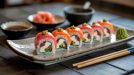 Artfully arranged colorful sushi rolls with fresh salmon and avocado served on a rectangular platter with soy sauce and pickled ginger