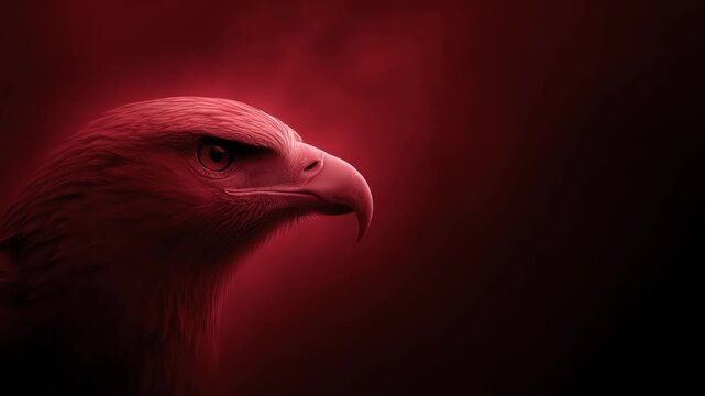 Close-up of an eagle's sharp eyes against a red background