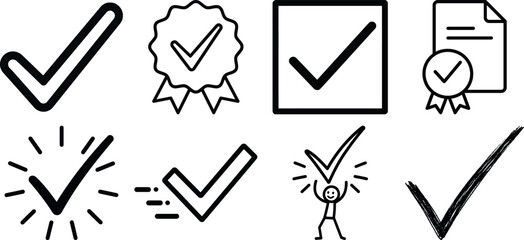 Collection of hand drawn check mark icons and symbols for approval and success