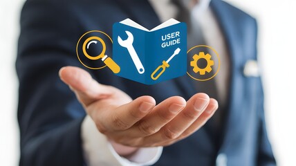 User manual guide concept, Online instruction manual and strategy advice. Businessman using laptop with user guide icon on virtual screen for business service.
