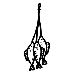 Bunch of caught fish. Hand drawn doodle vector. Fishing. Seafood. Lake recreation. Fresh food. Fishery. Animals, nature. Line art illustration.