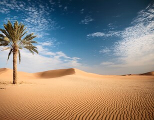 One Palm Tree in a Vast Beige Desert with a Blue Sky
