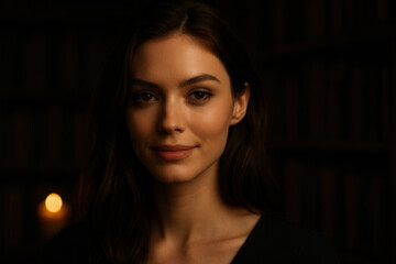 Fototapeta premium Alluring Brunette Woman with Subtle Smile in Dim Library Ambiance Illuminated by Warm Candlelight