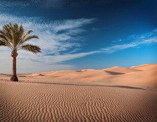 One Palm Tree in a Vast Beige Desert with a Blue Sky