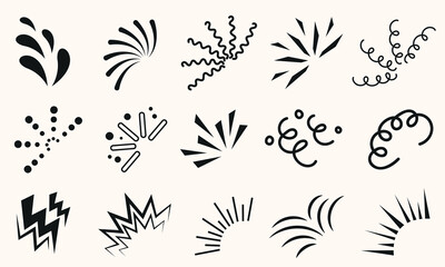 Abstract doodle explosion vector set, hand drawn burst element collection, comic style motion flash signs, splash and crackle effect icons, black silhouette graphic pack © Habib