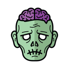 Obraz premium Sad Zombie Face Icon, Cartoon Brain, Halloween Character, Horror Illustration