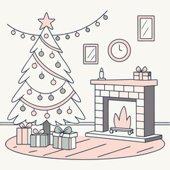 vector flat illustration of cozy Christmas living room with decorated tree, gifts, fireplace, garlands, and warm lights, clean minimal style, pastel colors