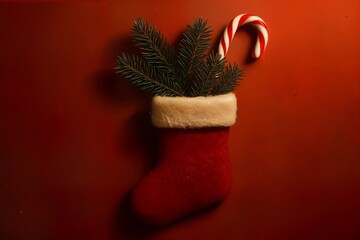 Christmas Stocking with Pine Branches and Candy Cane on Red Background