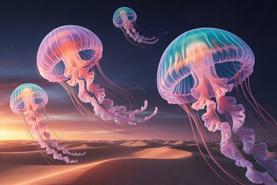 Bioluminescent jellyfish drift gracefully through a surreal dreamlike underwater landscape bathed in ethereal light