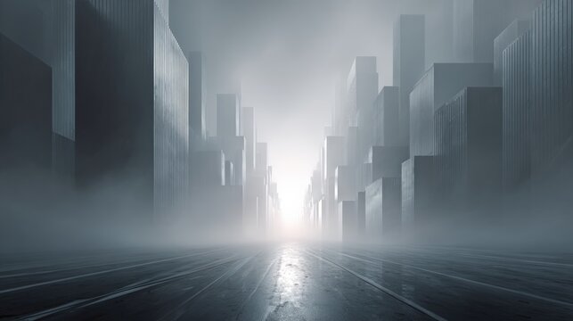Foggy urban landscape with futuristic buildings