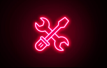 Neon glowing Wrench and screwdriver crossed icon representing tools and maintenance. Neon Wrench icon. Neon screwdriver sign