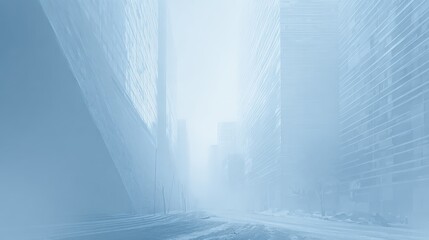 Ethereal city street with snow and fog in winter