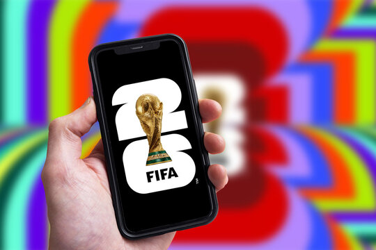 London, UK - October 2025: FIFA World Cup 2026 logo on a phone screen. The 2026 world cup takes place in USA, Canada and Mexico