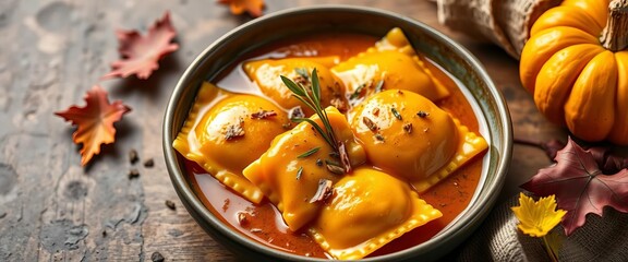 Homemade pumpkin ravioli in rich butter sauce, autumnal colors,  food photography,  delicious