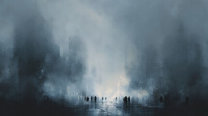 Fototapeta premium Diverse adults walking in foggy urban plaza during twilight