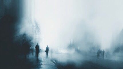 Solitary figure walking in foggy urban street at dusk
