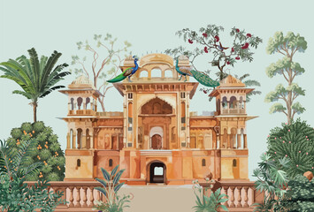 Traditional Mughal Garden Illustration, Mughal Palace, Peacock, Mughal Wallpaper.