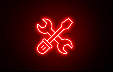Neon glowing Wrench and screwdriver crossed icon representing tools and maintenance. Neon Wrench icon. Neon screwdriver sign