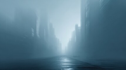 Tall buildings on foggy city street with vehicles and puddles