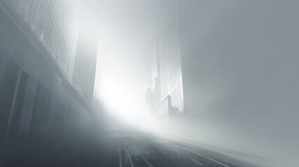 Mysterious urban street shrouded in fog during daytime