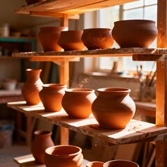 석양빛이비치는도예공방의흙그릇건조풍경