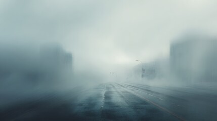 Mysterious street scene in foggy city with buildings and lights