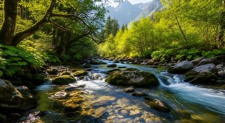 Obraz premium Serene forest stream with lush greenery and sunlight filtering through trees