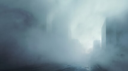 Mysterious city street shrouded in heavy mist during daytime
