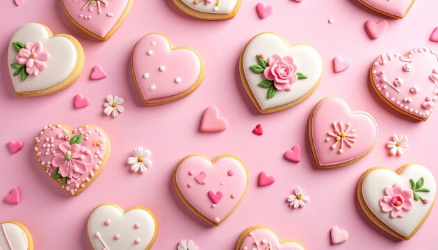 Heart Shaped Cookies Decorated With Pink And White Icing And Floral Accents On A Pink Background