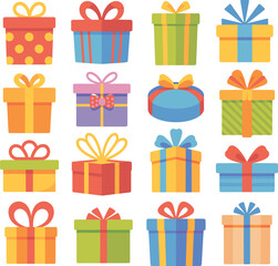 Colorful gift boxes collection with ribbons and bows, festive presents illustration for birthday, celebration, party, holiday, and Christmas design