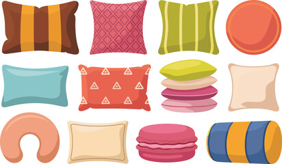Colorful pillow vector collection with various shapes, decorative cushions, bedroom and home decor elements for interior design illustration set.