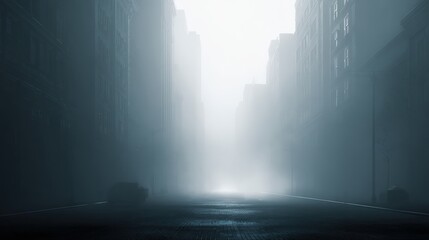 Mysterious urban street with tall buildings in heavy fog