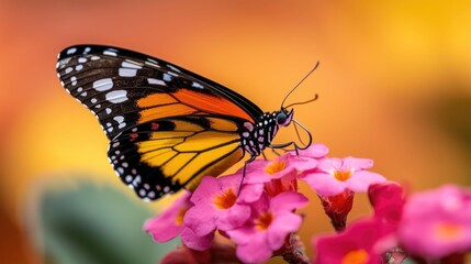 Captivating close up photograph showcasing a vibrant butterfly gracefully perched on a colorful blooming flower in a natural outdoor setting