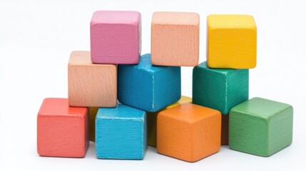 Whimsical and Vibrant Colored Wooden Toy Blocks Stacked in Creative Geometric Arrangement on White Studio Background  Educational Toys for Kids Children s Play and Creativity