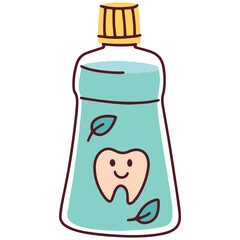 A bottle of mint mouthwash for daily oral hygiene. Product for rinsing, killing bacteria, and freshening breath. Vector illustration for dental care or bathroom products.