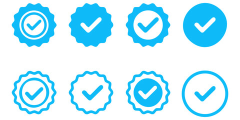 blue verified check mark badge icons set: social media, profile, and guarantee symbols collection