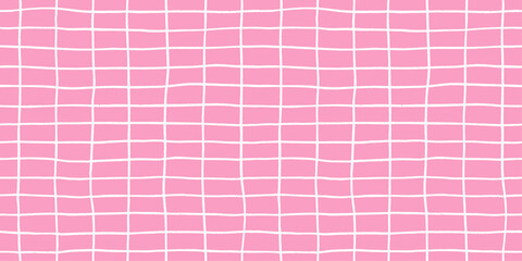 Check seamless pattern grid hand-drawn lines creating a playful background with pink wavy square doodle textured stripes, perfect for cute designs and modern decor in vector crayon illustration.