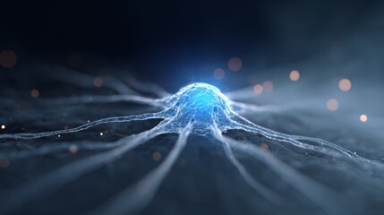 Glowing blue artificial intelligence neuron sending electrical signals through neural network, simulating the concept of machine learning and deep learning