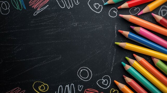 Vibrant Chalkboard Doodles A Creative Workspace for and Innovation  Colorful hand drawn doodles patterns and sketches on a traditional chalkboard