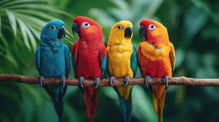 Colorful and vibrant parakeets perched on a tree branch in a lush verdant jungle environment  The birds  vibrant plumage and natural habitat create a captivating wildlife scene