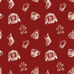 Seamless Christmas pattern on a red background with cozy hand-drawn winter symbols: sweaters, mittens, hats, mugs, stockings, and gingerbread cookies. Perfect for wrapping paper and holiday textiles