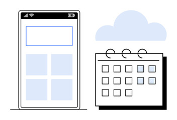 Smartphone display next to a minimalist calendar and cloud. Ideal for scheduling, organization, cloud apps, time management, productivity, remote access, and planning. A simple flat metaphor