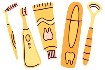 A bright yellow set of tools for comprehensive oral care. The collection includes a toothbrush, toothpaste, floss, interdental brushes, and a tongue scraper for total mouth health and fresh breath.