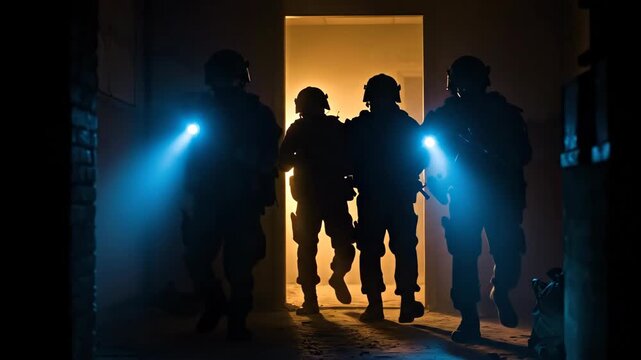 Military men with tactical gear and flashlights entering a room with orange light, operation for war footage