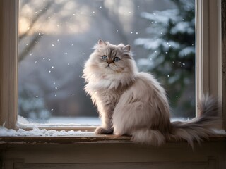 Fluffy long haired cat sits serenely on a snow covered windowsill gazing out at a winter wonderland with falling snowflakes