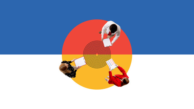 Creative collage. Top view of business team discussing data over abstract geometric circle. Concept of communication, analysis for marketing visuals, education materials, and corporate presentations.